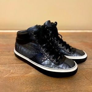 Jimmy Choo Black Metallic Crocodile Embossed Leather Belgravia High Top Sneakers